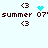 Pixelated brown text 'summer 07' with brown '<3' symbols on light blue background, featuring cyan heart and cyan dot animations.