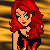 Pixelated cartoon woman with red hair and blue eyes in three poses against a yellow-brown gradient background, wearing black top with flame details.