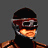 Pixelated character with dark hair, red headband, black mask covering eyes, orange glowing mouth area, and brown shoulder details against gray background.