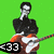 Pixelated figure in black jacket and orange shirt plays white electric guitar against bright green background with '33' text on left.