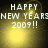Pixelated 'HAPPY NEW YEARS 2009!!' text on a yellow gradient background with shifting light effects.
