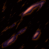 Dark background with scattered blue-purple shapes outlined in orange, each shape has a gradient fill transitioning from light purple to dark blue.