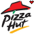 Red pizza hat icon with "Pizza Hut" text and yellow underline, featuring pixelated heart symbols in various colors above it.