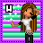 Pixel art of a girl with long brown hair wearing white crop top and black checkered pants, standing against striped background with changing 'H' symbol.