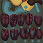 Pixel art image of a character with yellow hair and blue accents, featuring two rows of dark brown tulip-shaped icons below.