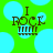 Green background with light blue circles, brown text "I ROCK" above a drum set graphic.
