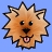 Two pixelated dog icons with brown fur, black outlines, and pink tongues against a blue background; one has open eyes, the other closed.