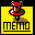 Two side-by-side animated frames of a pixel art icon featuring a red and brown mushroom-like character on yellow background with "MEMO" text below.