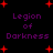 Pixelated text "Legion of Darkness" in purple appears multiple times on a black background with red star-like shapes scattered throughout.