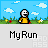 Pixel art character in yellow shirt stands in grassy field with blue sky, performing sequential arm and head movements across frames.