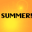 A static image with a bright yellow-orange gradient background featuring four circular light effects and bold black text reading "SUMMER! SUMMER!" in two