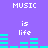 Purple background with white text reading "MUSIC is life" and cyan audio equalizer bars that change height across frames.