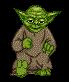Green-skinned character with large ears wears brown robe, hands clasped, feet flat on ground, black background.