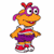 Pixelated cartoon character with orange skin and purple accessories standing next to green text logo on dark background.