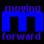 A 4x4 contact sheet of a blue and purple animated icon showing repeated 'moving' text above a large blue 'm' shape with 'forward' text below it, arranged in alternating rows on black background.
