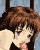 A pixelated anime-style character with brown hair and blue eyes in two sequential frames showing a mouth-opening animation, wearing a black top with red accents against a light blue background.