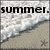 Pixelated beach scene with waves and sand, overlaid by bold black text reading 'summe.' on a light background.