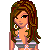 Pixel art of a woman in bikini with brown hair, wearing earrings and pink sandals, next to stylized text.