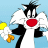 Pixelated cartoon character with black and white body, red nose, yellow beak, orange feet, and outstretched wings against light blue background.