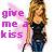 Pixelated image with purple text 'give me a kiss' on left and partial figure of person in dark top and blue pants on right.