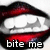 Red lips with white teeth and gray gums, displaying the phrase "bite me" in pixelated text below.