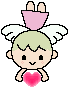 Pixel art character with light green hair, black eyes, and pink cheeks holding a pink heart; wings change from single white wing to two white wings.