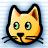 Pixelated cat head with yellow-orange fur, black outline, green eyes, and orange inner ears on blue checkered background.