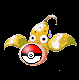 Pixelated yellow fish-like creature with large eyes and wings holds red-and-white Poké Ball in mouth against black background.