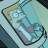 Futurama character Fry in a frozen state, depicted with wide eyes and an open mouth inside a transparent block.