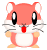 Pixelated hamster character with pink and white fur, black eyes, red nose, gray whiskers, orange feet, and a static pose against light gray background.