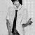 Black-and-white pixelated icon of a person in formal attire holding an object, with visible dithering and grayscale shading on a transparent background.