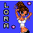 Pixel art buddy icon featuring a cartoon woman with brown hair in a high ponytail, blue eyes, and orange skin against a solid blue background, with vertical text "LORRA" on the left and two pink stars.