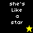 Pixelated text 'she's Like a star' appears on four colored backgrounds with a yellow star icon on black and black star icon on yellow.