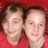 Two people in red clothing pose closely together on the left; a red background with purple pixelated text reads 'i love chelc heather chelc bff' on the right.