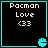 Four identical black square with cyan borders, each containing "Pacman Love <33" text and a cyan Pac-Man ghost icon in the bottom-right corner
