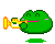A 4-frame pixel art animation of a green frog-like character playing a yellow trumpet, displayed in a contact sheet layout with gray background and small grass patches beneath the character.