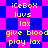 Pixelated yellow text on a blue and pink checkered background with repeated phrases.