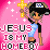 Pixelated cartoon character holding a yellow cross against pink background with text "JESUS IS MY HOMEBOY" and bottom frame reading "got him?"