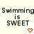 Pixelated text reads "Swimming is SWEET" with two red heart icons below, displayed side-by-side on a light background.