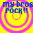 Four identical pixelated icons arranged in a , each featuring blue text on a yellow background with pink concentric circles