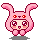 Pixel art contact sheet of four animated frames showing a pink bunny-hooded character with red eyes and blush, each frame displaying subtle pose changes against a gray background.