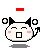 Pixelated cartoon head with black horns, pink cheeks, and a square mouth; four variations show text changes above the head.