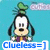 Pixelated cartoon character with green hat, dark ears, and white face against turquoise background; blue text at bottom reads "Clueless=]".