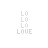 A 5x5 contact sheet of animated frames showing a pixelated 'LOVE' text icon with varying letter arrangements and star accents, rendered in pastel blue and pink on white background.