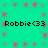 Pixelated text 'Robbie<33' appears twice per on a teal background with repeating red starburst patterns