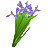 Pixelated bouquet of purple flowers with yellow centers and green stems on a gray background.
