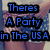 Pixelated text reads 'Theres A Party in The USA' in blue letters on black rectangular backgrounds against a blurred multicolored backdrop.