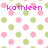 Pixelated pattern with pink and green circular shapes on white background, featuring the name 'kathleen' in bright magenta block letters.