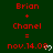 Red text on dark green background displays 'Brian + Chanel = nov.14.08' with heart symbols changing from open to closed states across repeated