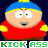 A 4x3 contact sheet of pixelated South Park character Eric Cartman frames with green text reading "KICK ASS" across each row, showing subtle facial expression changes between sampled animation frames.